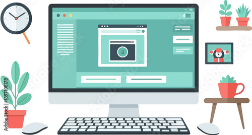 Modern desktop computer setup with plants and clock, workspace illustration