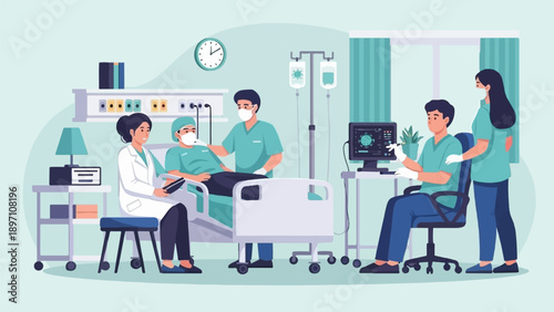 Medical professionals tending to a patient in a hospital room with monitors