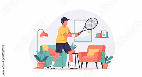 Man plays tennis indoors, surrounded by cozy furniture and plants