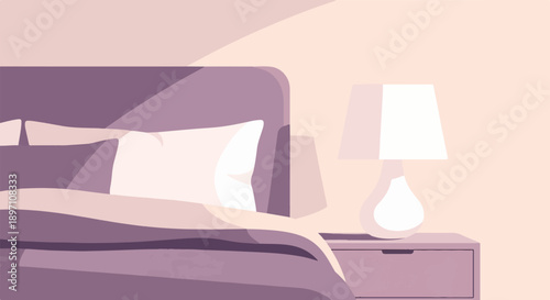 Minimalist bedroom scene with a bed, pillow, and lamp on a nightstand