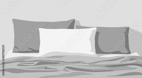 Minimalist bed scene with three pillows on rumpled sheets