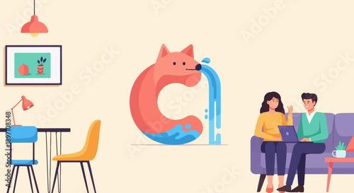 Minimalist cartoon scene with a fox pouring water, a desk with chairs, and a couple on a couch