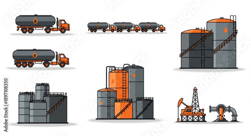 Industrial oil and gas extraction and transportation equipment illustration.