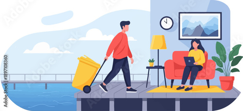 Man pulls luggage on pier near woman working on laptop indoors