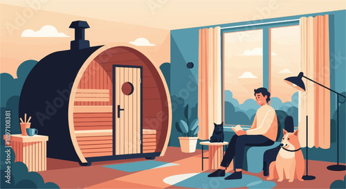 Man reading with pets in room featuring sauna and large window