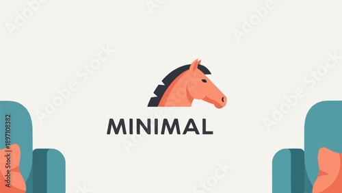 Minimalist coral horse head logo with teal seats and text Minimal