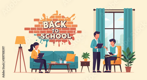 Modern indoor scene of people engaging with digital devices on brick wall