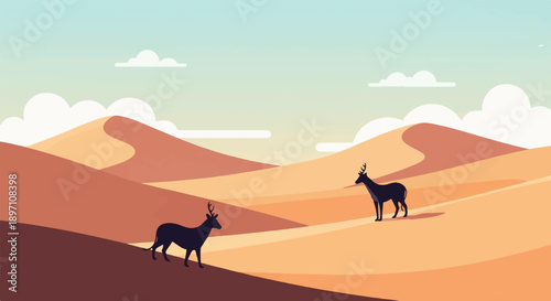 Minimalist desert landscape with two deer silhouetted against sand dunes and sky