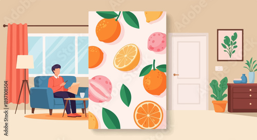 Man relaxing indoors with a tablet and a drink, surrounded by citrus fruit art