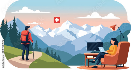 Hiker with backpack and person with laptop in mountain scenery