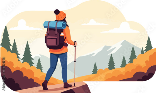 Hiker with backpack and poles walks up a mountain trail in autumn