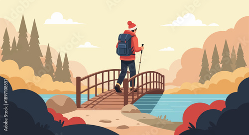 Hiker with backpack crosses a wooden bridge over a river amidst autumn foliage