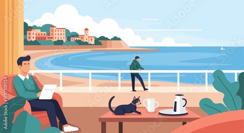 Man relaxing with laptop on balcony overlooking ocean and town
