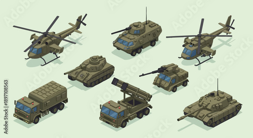 Isometric pixel art military vehicles including helicopters, tanks, and artillery