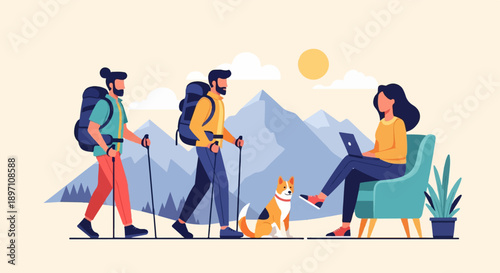 Hikers and a woman working on a laptop with mountains and a dog