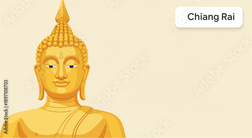 Golden Buddha statue head and shoulders against pale yellow backdrop with text