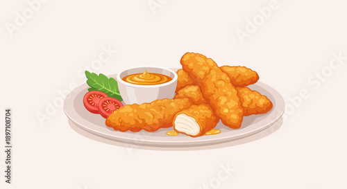 Golden fried chicken strips served with a dipping sauce and fresh tomato slices