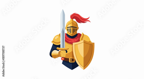 Golden knight with sword and shield ready for battle