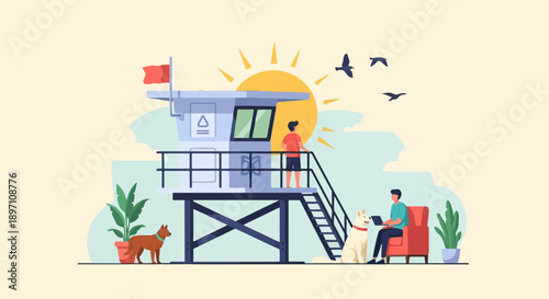 Lifeguard tower scene with people, dogs, birds, sun, and plants