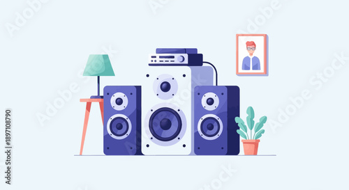 Home audio setup with speakers, stereo, lamp, art, and plant