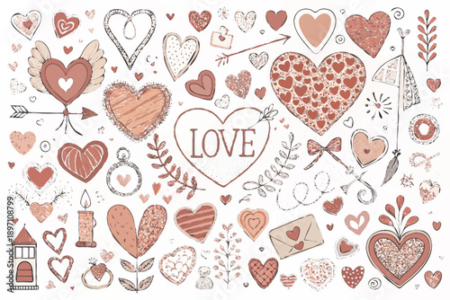 A charming illustrative pattern featuring hearts arrows and romantic elements in soft muted tones high quality professional detailed
