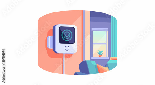 Modern interior with a wall-mounted smart device and window view