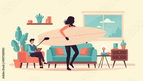 Modern interior with man working on laptop and woman carrying surfboard