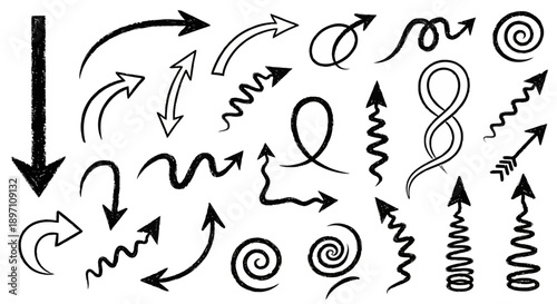 Collection of Hand-Drawn Black Ink Arrows in Various Styles and Directions.