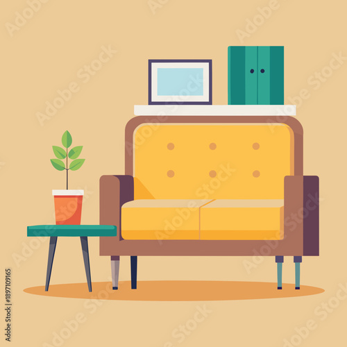 Cozy Sofa with Side Table and Plant