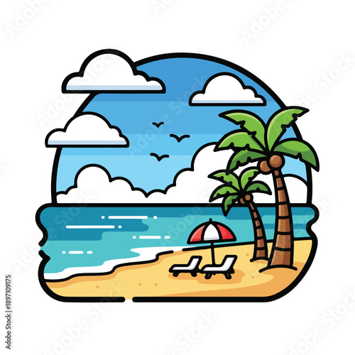 Tropical Beach Scene with Palm Trees.