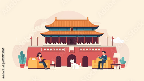 Modern interpretation of ancient structure with relaxed individuals