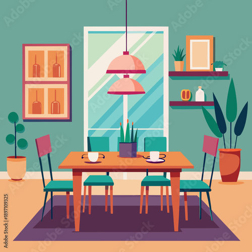Modern Dining Room with Table and Hanging Lamps