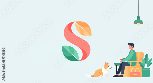 Man sitting in chair with dog and plant, abstract S logo
