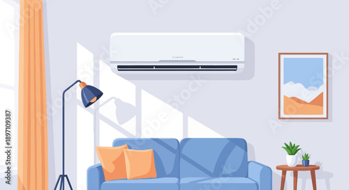 Modern living room interior with a blue sofa, lamp, air conditioner, and art