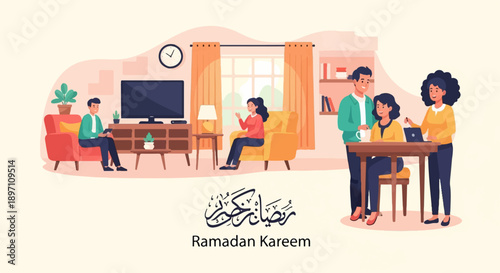 Modern living room scene with people interacting and Ramadan greeting