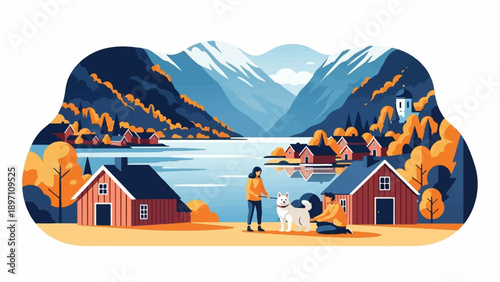Idyllic autumn village scene by a tranquil lake with snow-capped mountains