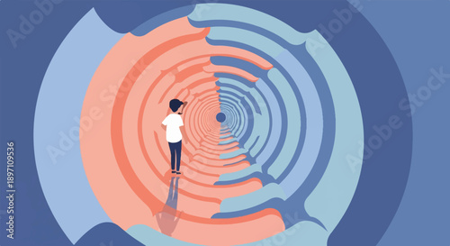 Man stands in a surreal, colorful tunnel with a split color scheme