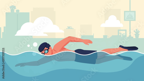 Man swimming freestyle with city skyline and clouds in background