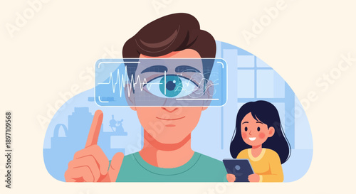 Man uses advanced technology, young girl watches