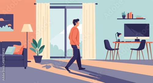 Man walks through a modern home office with a couch and desk