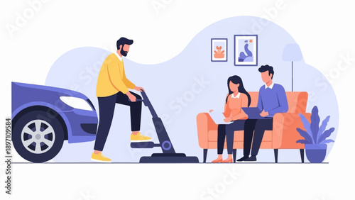 Man vacuums near car while couple relaxes on sofa