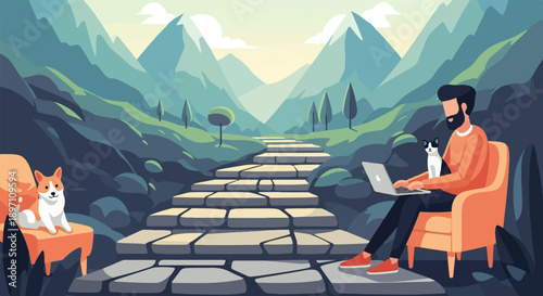Man with cat working on laptop, corgi on chair, scenic mountain stairs