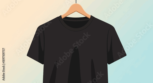 Minimalist illustration of a plain black t-shirt hanging on a wooden hanger