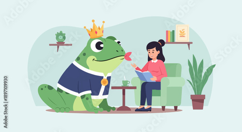 Girl reads to a king frog in a cozy room