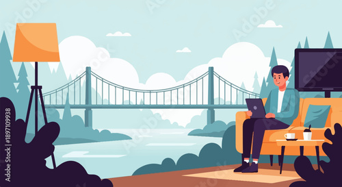 Man working on laptop on couch with view of suspension bridge and trees