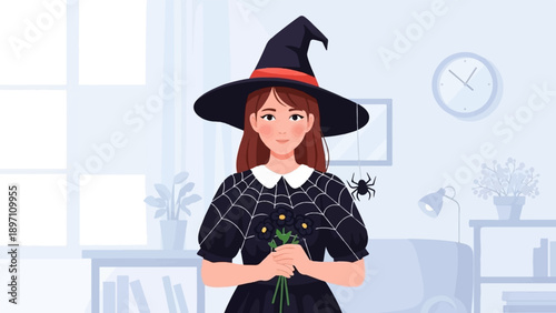 Girl in witch costume with spider and flowers in decorated room