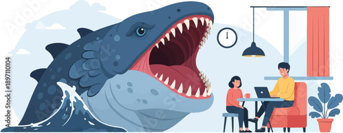 Giant monster shark looms over a relaxed couple working indoors