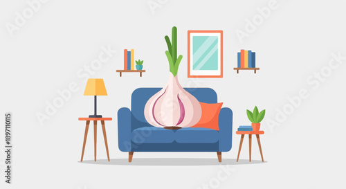 Giant garlic bulb rests on a blue sofa in a minimalist living room setting