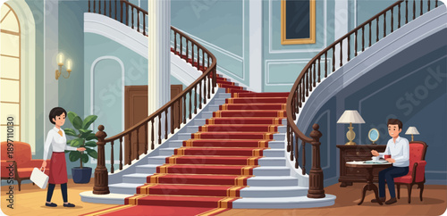 Grand staircase with carpeted steps, a woman with a bag, and a man at a table