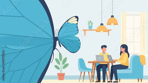 Giant blue butterfly wing overshadows a couple working on laptops indoors